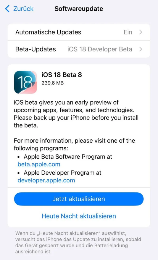 麻洋镇苹果手机维修分享苹果 iOS / iPadOS 18 开发者预览版 Beta 8 发布 